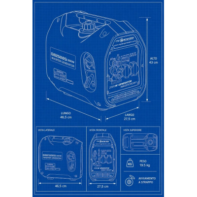 Gruppo elettrogeno generatore di corrente da 2.5kVA pari a 2kW con tecnologia inverter super silenziato compatto, portatile e le