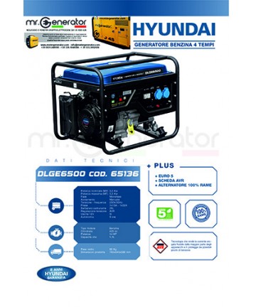 Gruppo elettrogeno generatore di corrente 7kVA portatile HYUNDAI mod. DLGE6500 cod. 65136